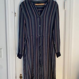 Theory Stellira Letterman Navy Blue Pinstriped Silk Long Sleeved Dress